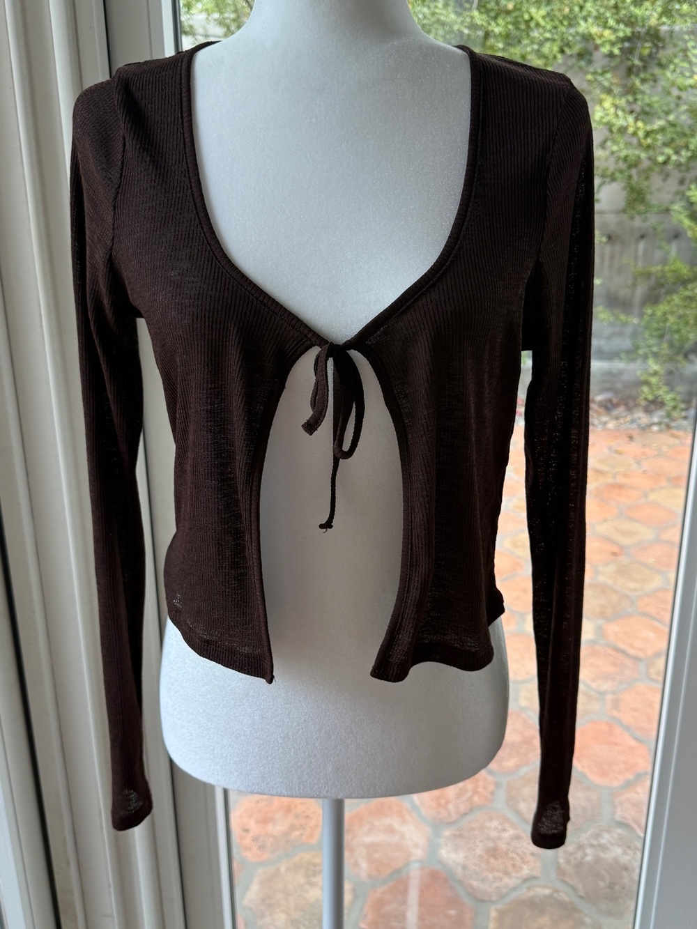 Cotton On Brown Ribbed Tie-Front Long Sleeve Crop Top